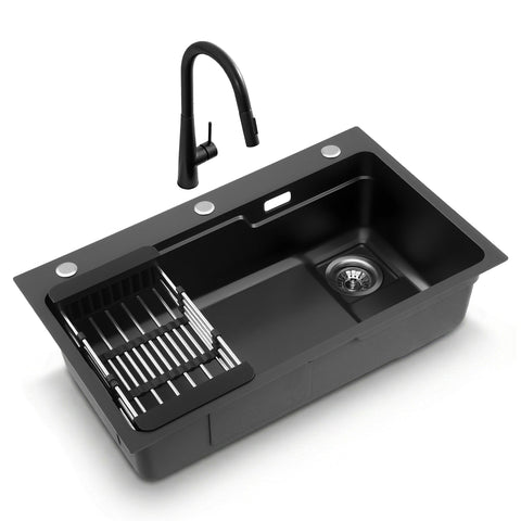 Darrahopens Furniture > Dining > Kitchen Sinks Cefito Stainless Steel Sink 75x45CM With Pull Out Mixer Tap Kitchen Basin Single Bowl Black