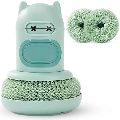 Green Cartoon Press Dishwashing Brush with Replaceable Sponge Heads Kitchen Pot Cleaner