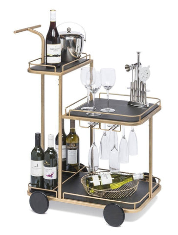 Darrahopens Furniture > Living Room Black and French Brass Wooden 3-Tier Bar Cart Drinks Trolley