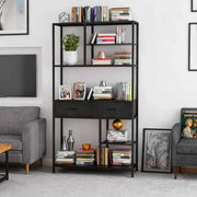 Darrahopens Furniture > Living Room > Bookcases & Shelves Metal Bookcase With Drawers, Dark Walnut & Black, 90x30x180cm, 6 Shelves In Australia - Darrahopens
