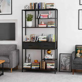 Darrahopens Furniture > Living Room > Bookcases & Shelves Metal Bookcase With Drawers, Dark Walnut & Black, 90x30x180cm, 6 Shelves In Australia - Darrahopens