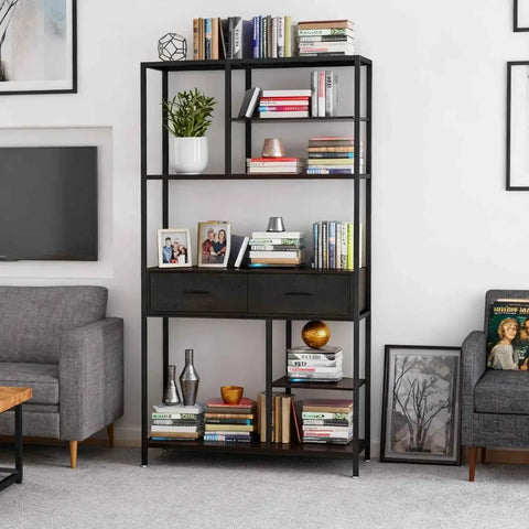 Darrahopens Furniture > Living Room > Bookcases & Shelves Metal Bookcase With Drawers, Dark Walnut & Black, 90x30x180cm, 6 Shelves In Australia - Darrahopens