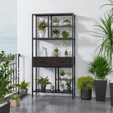 Darrahopens Furniture > Living Room > Bookcases & Shelves Metal Bookcase With Drawers, Dark Walnut & Black, 90x30x180cm, 6 Shelves In Australia - Darrahopens