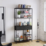 Darrahopens Furniture > Living Room > Bookcases & Shelves Metal Bookcase With Drawers, Dark Walnut & Black, 90x30x180cm, 6 Shelves In Australia - Darrahopens