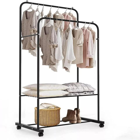 Darrahopens Furniture > Living Room > Coat Racks Fin Heavy Thicken Metal Double Clothes Rail Sturdy Open Hanging Shelf Storage Rack