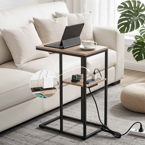 Darrahopens Furniture > Living Room > Coffee Tables Artiss C-Shaped End Table Charging Station 2-Tier Side Coffee Table Bedside Wood