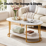 Darrahopens Furniture > Living Room > Coffee Tables Artiss Coffee Table 2 Tier Oval Marble Finish Storage Shelf Metal Frame Center Table Living Room 100x50x45cm White & Gold In Australia - Darrahopens