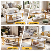 Darrahopens Furniture > Living Room > Coffee Tables Artiss Coffee Table 2 Tier Oval Marble Finish Storage Shelf Metal Frame Center Table Living Room 100x50x45cm White & Gold In Australia - Darrahopens