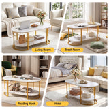Darrahopens Furniture > Living Room > Coffee Tables Artiss Coffee Table 2 Tier Oval Marble Finish Storage Shelf Metal Frame Center Table Living Room 100x50x45cm White & Gold In Australia - Darrahopens