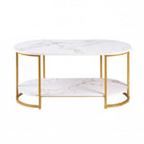 Darrahopens Furniture > Living Room > Coffee Tables Artiss Coffee Table 2 Tier Oval Marble Finish Storage Shelf Metal Frame Center Table Living Room 100x50x45cm White & Gold In Australia - Darrahopens