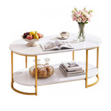 Darrahopens Furniture > Living Room > Coffee Tables Artiss Coffee Table 2 Tier Oval Marble Finish Storage Shelf Metal Frame Center Table Living Room 100x50x45cm White & Gold In Australia - Darrahopens