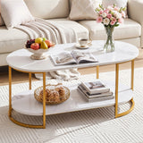 Darrahopens Furniture > Living Room > Coffee Tables Artiss Coffee Table 2 Tier Oval Marble Finish Storage Shelf Metal Frame Center Table Living Room 100x50x45cm White & Gold In Australia - Darrahopens
