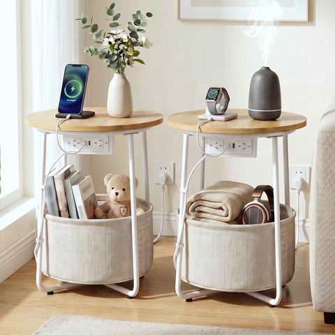 Darrahopens Furniture > Living Room > Coffee Tables Artiss Set of 2 Round Coffee Table Bedside Side End Table Charging Station Storage Basket In Australia - Darrahopens