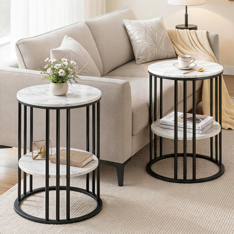 Darrahopens Furniture > Living Room > Coffee Tables Artiss Set of 2 Side Table Coffee Table 2-Tier Round Marble Effect