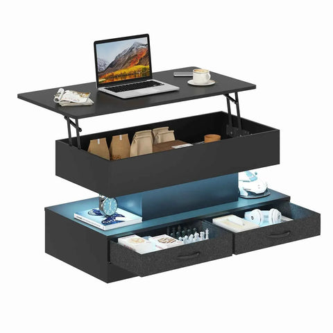 Darrahopens Furniture > Living Room > Coffee Tables LED Lift Top Coffee Table in Black with 2-Tier Design and Drawers for Living Room In Australia - Darrahopens