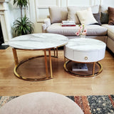 Darrahopens Furniture > Living Room > Coffee Tables Snowy Mountain Faux Modern Marble Slate Nesting Coffee Table Set Leather Wrapped Wood Drawers