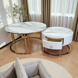 Darrahopens Furniture > Living Room > Coffee Tables Snowy Mountain Faux Modern Marble Slate Nesting Coffee Table Set Leather Wrapped Wood Drawers