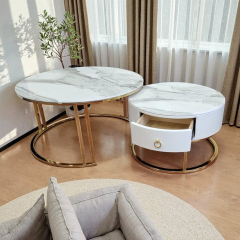 Darrahopens Furniture > Living Room > Coffee Tables Snowy Mountain Faux Modern Marble Slate Nesting Coffee Table Set Leather Wrapped Wood Drawers