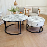 Darrahopens Furniture > Living Room > Coffee Tables Snowy Mountain Faux Modern Marble Slate Nesting Coffee Table Set Leather Wrapped Wood Drawers