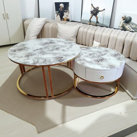 Darrahopens Furniture > Living Room > Coffee Tables Snowy Mountain Faux Modern Marble Slate Nesting Coffee Table Set Leather Wrapped Wood Drawers