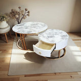 Darrahopens Furniture > Living Room > Coffee Tables Snowy Mountain Faux Modern Marble Slate Nesting Coffee Table Set Leather Wrapped Wood Drawers