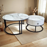 Darrahopens Furniture > Living Room > Coffee Tables Snowy Mountain Faux Modern Marble Slate Nesting Coffee Table Set Leather Wrapped Wood Drawers