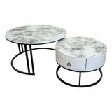 Darrahopens Furniture > Living Room > Coffee Tables Snowy Mountain Faux Modern Marble Slate Nesting Coffee Table Set Leather Wrapped Wood Drawers