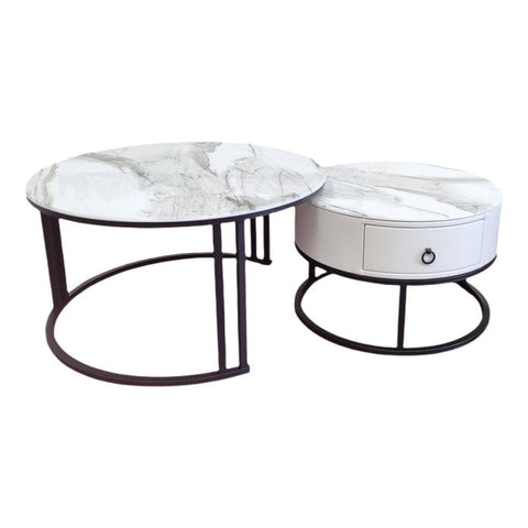 Darrahopens Furniture > Living Room > Coffee Tables Snowy Mountain Faux Modern Marble Slate Nesting Coffee Table Set Leather Wrapped Wood Drawers