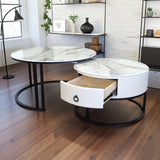 Darrahopens Furniture > Living Room > Coffee Tables Snowy Mountain Faux Modern Marble Slate Nesting Coffee Table Set Leather Wrapped Wood Drawers
