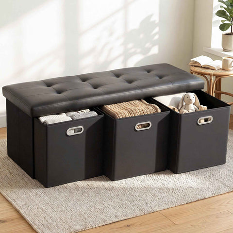 Artiss Storage Ottoman with 3 Cube Drawers Foot Stool Rest Foldable Black