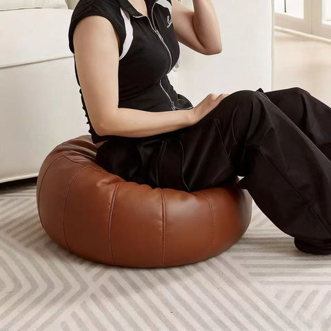 Darrahopens Furniture > Living Room > Ottomans & Footstools Brown Faux Leather Pumpkin Pouf Cover - DIY Unfilled Round Ottoman for Clothes Storage and Footrest - 50x30cm Versatile Home Decor