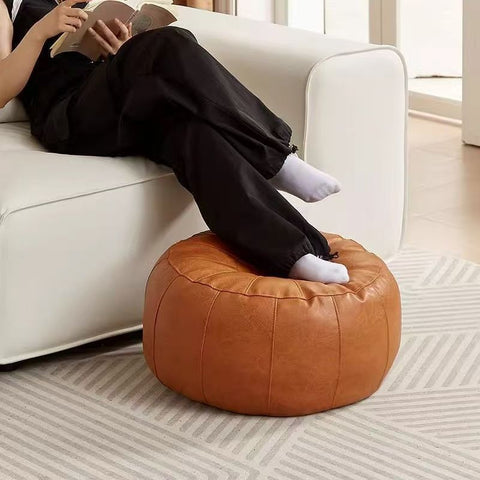 Darrahopens Furniture > Living Room > Ottomans & Footstools Orange Faux Leather Pumpkin Pouf Cover - DIY Unfilled Round Ottoman for Clothes Storage and Footrest - 50x30cm Versatile Home Decor