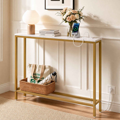 Darrahopens Furniture > Living Room > Side Tables Artiss Console Table Entryway Hallway Display Desk Charging Station Marble Finish White & Gold