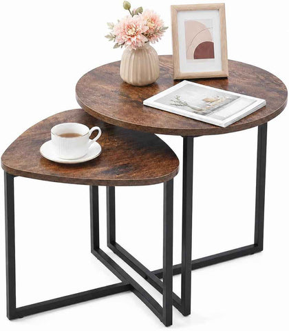 Darrahopens Furniture > Living Room > Side Tables Nesting Side Tables Set of 2, Round End Tables with Rustic Brown Wood Look Top and Black Metal Frame, Space Saving Accent Coffee Tables for Living Room, Bedroom, Sofa Side, Bedside, Small Spaces