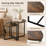 Darrahopens Furniture > Living Room > Side Tables Nesting Side Tables Set of 2, Round End Tables with Rustic Brown Wood Look Top and Black Metal Frame, Space Saving Accent Coffee Tables for Living Room, Bedroom, Sofa Side, Bedside, Small Spaces