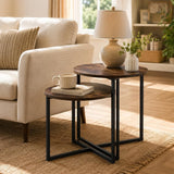 Darrahopens Furniture > Living Room > Side Tables Nesting Side Tables Set of 2, Round End Tables with Rustic Brown Wood Look Top and Black Metal Frame, Space Saving Accent Coffee Tables for Living Room, Bedroom, Sofa Side, Bedside, Small Spaces