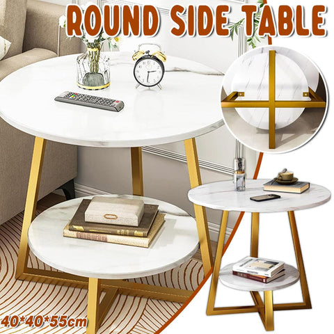 Darrahopens Furniture > Living Room > Side Tables Round Side Table 2 Tier White Nightstand Coffee Sofa End Table Marble Design