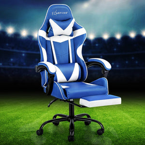 Darrahopens Furniture > Office Artiss Gaming Office Chair Executive Computer Leather Chairs Footrest Blue White