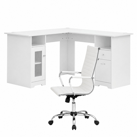 Darrahopens Furniture > Office > Desks Artiss Office Desk and Chair Set L Shape Computer Desk 150cm with Storage Cabinet & Drawers, Ergonomic PU Leather Office Chair, White Home Office Furniture In Australia - Darrahopens