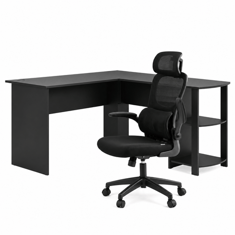 Darrahopens Furniture > Office > Desks Artiss Office Desk and Chair Set L Shaped Computer Desk 136cm with 2 Tier Storage Shelves, Ergonomic Mesh Office Chair with Adjustable Headrest, Flip-Up Armrests & Lumbar Support In Australia - Darrahopens