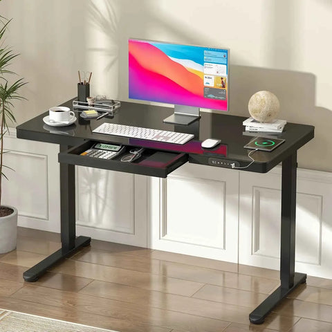 Darrahopens Furniture > Office > Desks Electric Standing Desk with Drawer, One-Piece Glass Desktop, Black, 120x60cm In Australia - Darrahopens