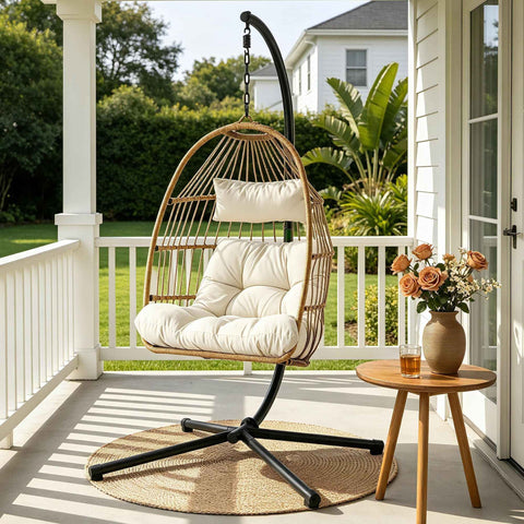 Gardeon Foldable Outdoor Swing Chair with Stand Cushion Rattan Patio Furniture In Australia - Darrahopens
