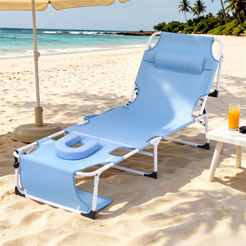 Darrahopens Furniture > Outdoor > Outdoor Chairs Gardeon Sun Lounger 5 Position Folding Tanning Chair with Face Hole Blue In Australia - Darrahopens