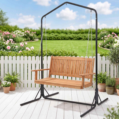 Darrahopens Furniture > Outdoor > Outdoor Chairs Gardeon Wooden 2-Seater Outdoor Swing Chair with Black Stand Hanging Chair Patio Furniture