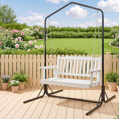 Darrahopens Furniture > Outdoor > Outdoor Chairs Gardeon Wooden 2-Seater Outdoor Swing Chair with Black Stand White Hanging Chair