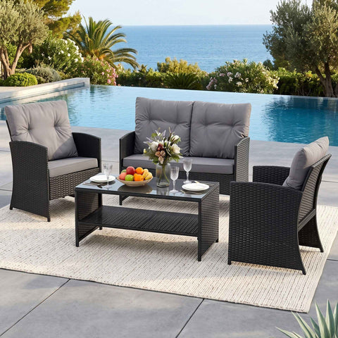 Darrahopens Furniture > Outdoor > Outdoor Sofas & Lounge Sets Gardeon 4-Piece Outdoor Sofa Set Coffee Table Chair Rattan Furniture Black In Australia - Darrahopens
