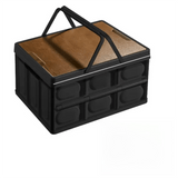 Darrahopens Furniture > Outdoor > Outdoor Storage Boxes Black Collapsible Medium Handle Storage Box with Wooden Table Top(42x28x23CM) - Car Trunk Organiser for Australian Camping & Home Use