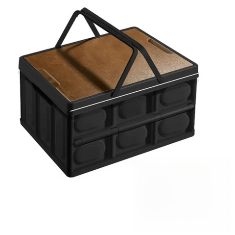 Darrahopens Furniture > Outdoor > Outdoor Storage Boxes Black Collapsible Medium Handle Storage Box with Wooden Table Top(42x28x23CM) - Car Trunk Organiser for Australian Camping & Home Use
