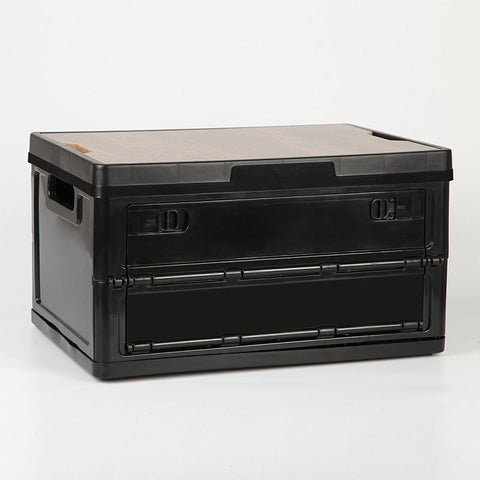 Darrahopens Furniture > Outdoor > Outdoor Storage Boxes Black Collapsible Medium Side-Open Storage Box with Wooden Table Top(42x28x23CM) - Car Trunk Organiser for Australian Camping & Home Use