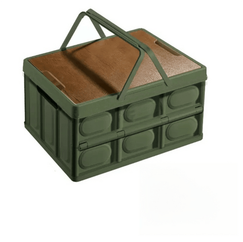 Darrahopens Furniture > Outdoor > Outdoor Storage Boxes Green Collapsible Medium Handle Storage Box with Wooden Table Top(42x28x23CM) - Car Trunk Organiser for Australian Camping & Home Use